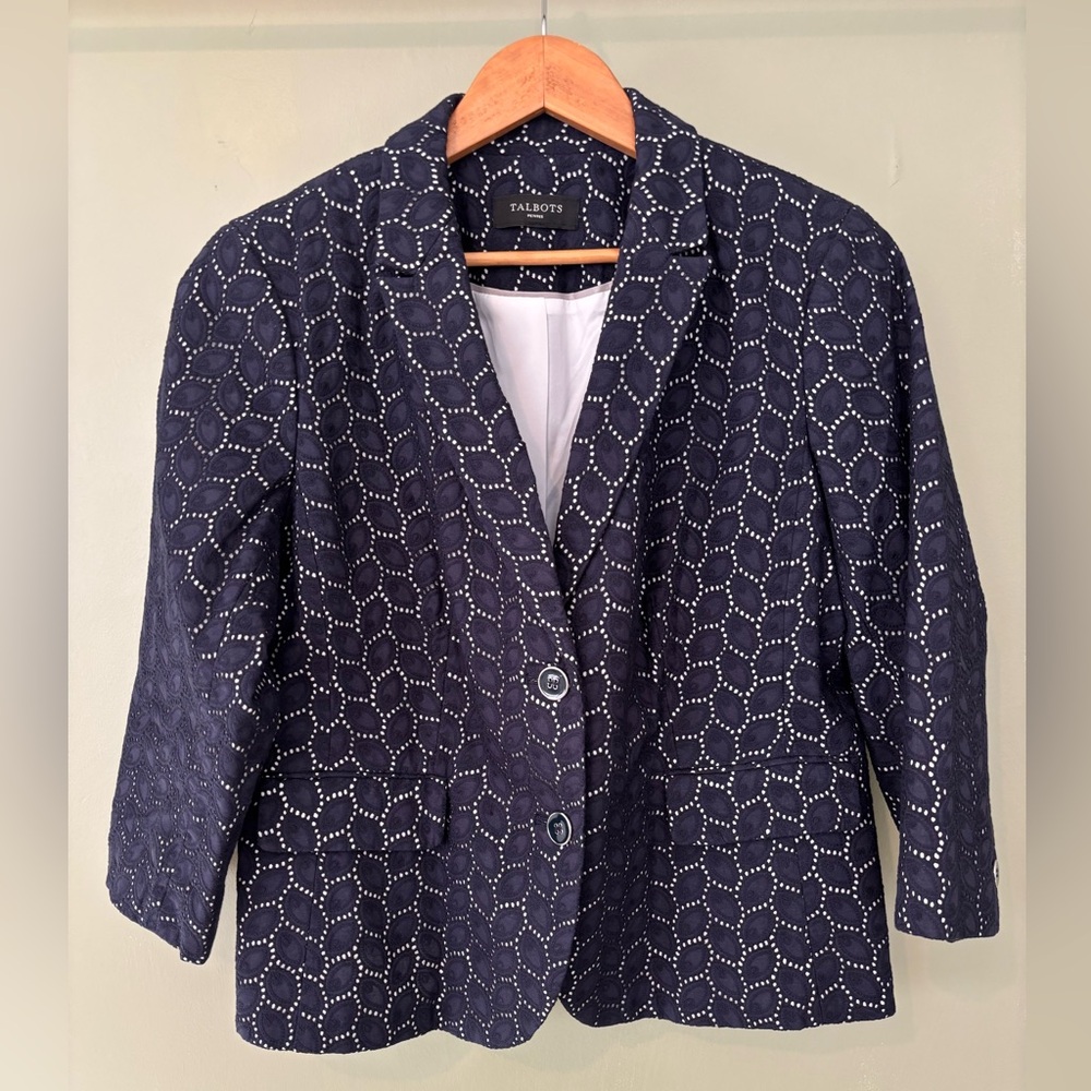 Talbots Blazer Style Navy Jacket cut out on Navy Pattern again White Lining 14WP